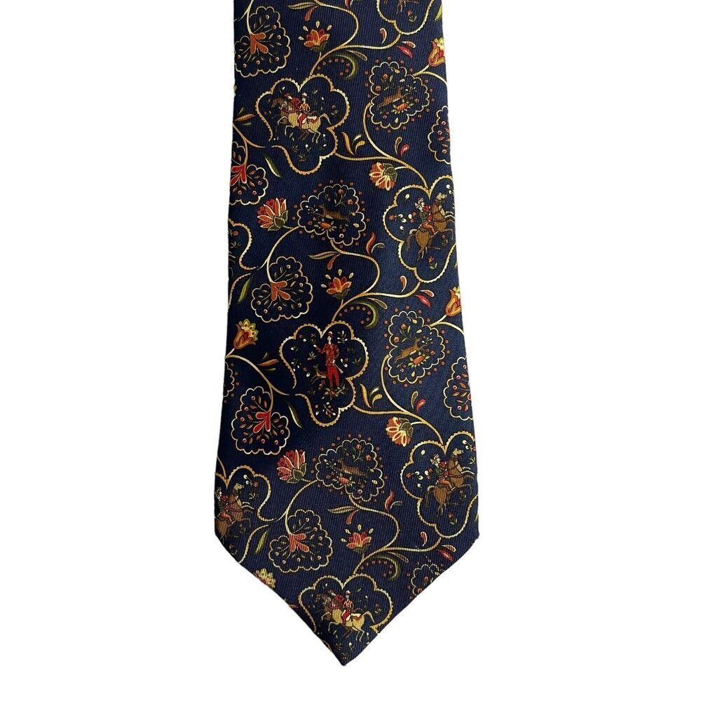 Salvatore Ferragamo 100% Silk Tie Mens Navy Equestrian Floral Horses 58"x3.5"